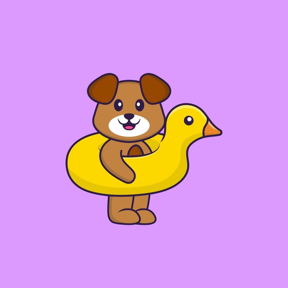 Cute dog With Duck buoy. Animal cartoon concept isolated. Can used for t-shirt, greeting card, invitation card or mascot. Flat Cartoon Style vector