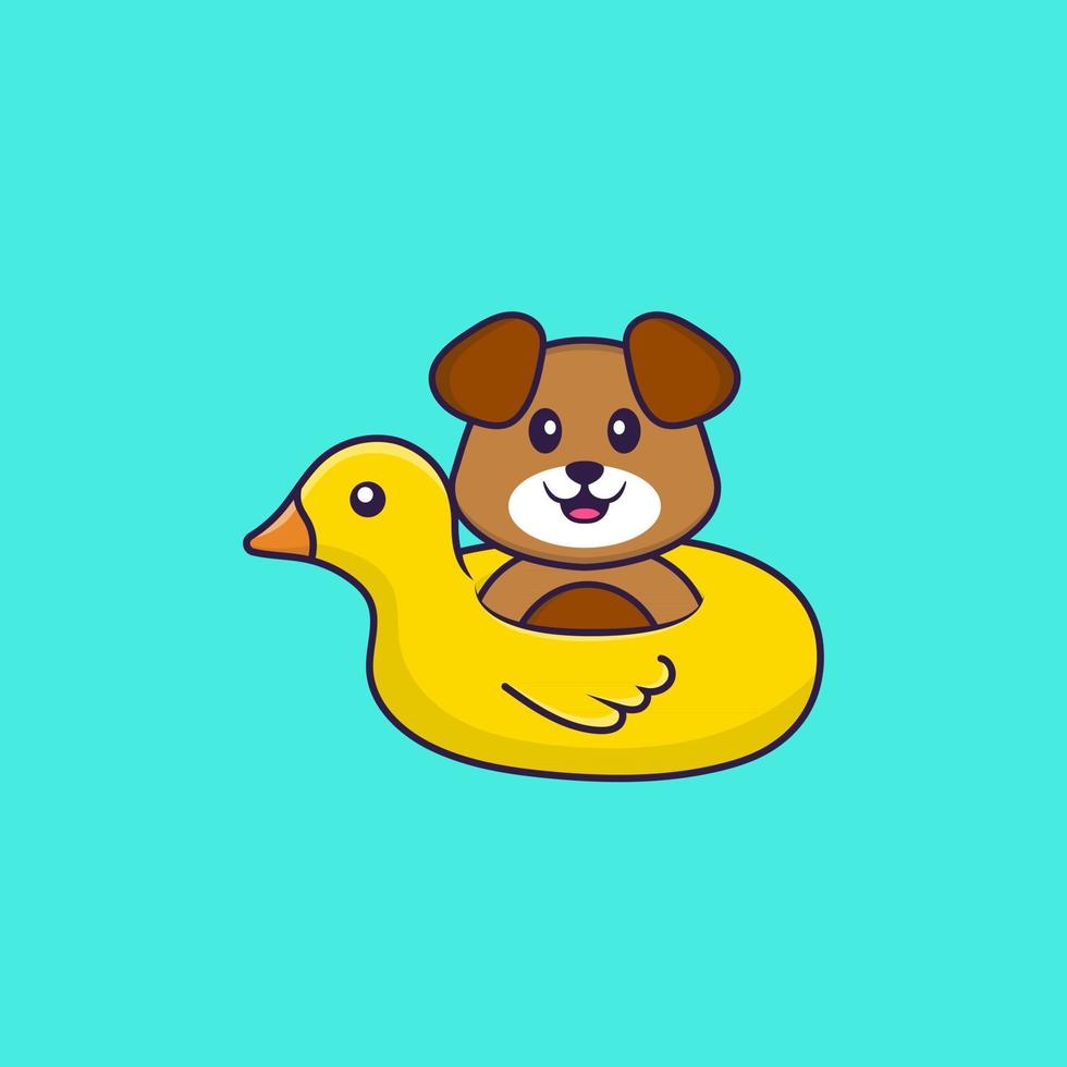 Cute dog With Duck buoy. Animal cartoon concept isolated. Can used for t-shirt, greeting card, invitation card or mascot. Flat Cartoon Style vector