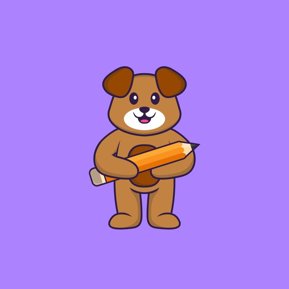 Cute dog holding a pencil. Animal cartoon concept isolated. Can used for t-shirt, greeting card, invitation card or mascot. Flat Cartoon Style vector