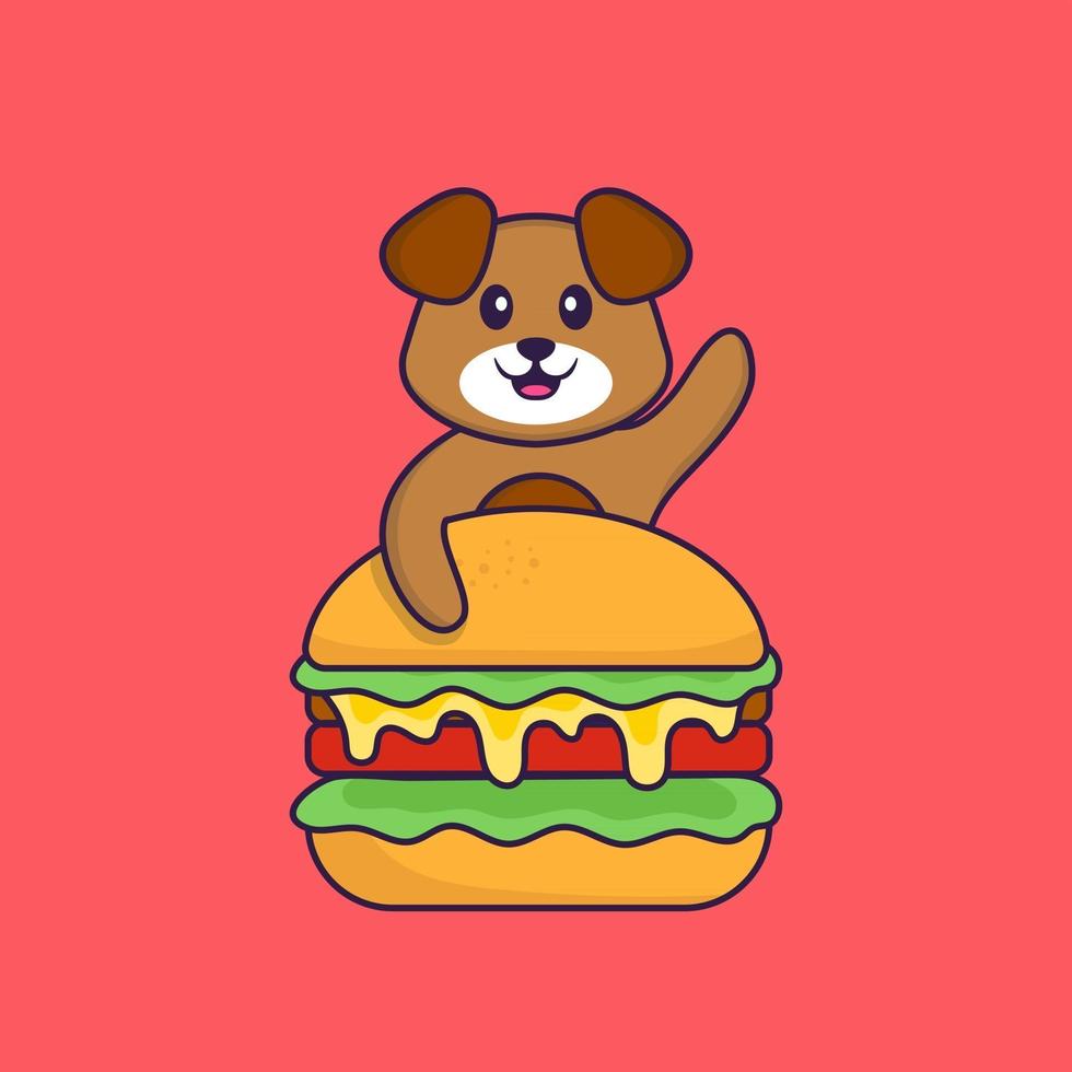 Cute dog eating burger. Animal cartoon concept isolated. Can used for t-shirt, greeting card, invitation card or mascot. Flat Cartoon Style vector