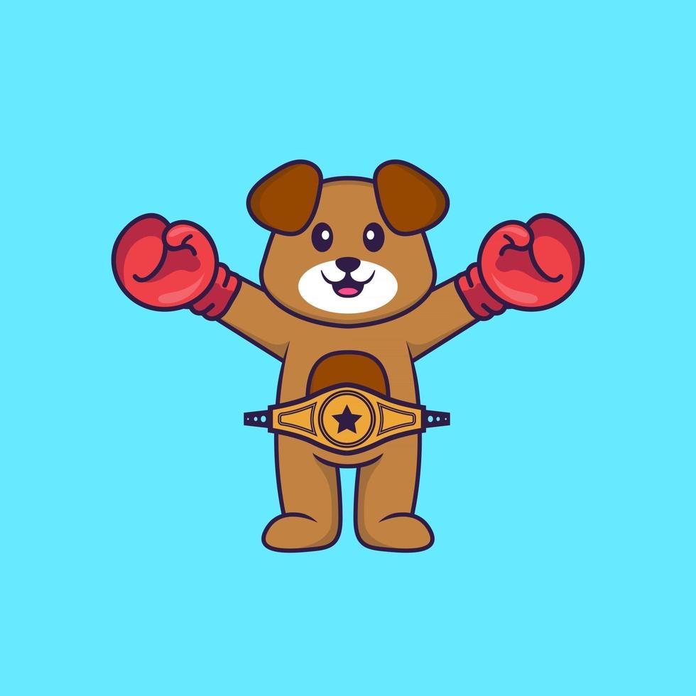 Cute dog in boxer costume with champion belt. Animal cartoon concept isolated. Can used for t-shirt, greeting card, invitation card or mascot. Flat Cartoon Style vector