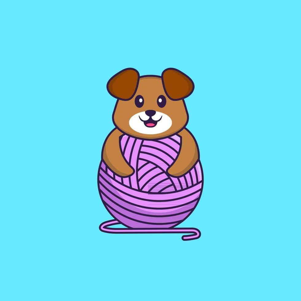 Cute dog playing with wool yarn. Animal cartoon concept isolated. Can used for t-shirt, greeting card, invitation card or mascot. Flat Cartoon Style vector