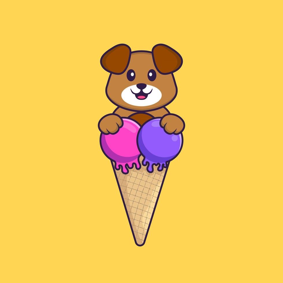 Cute dog with sweet ice cream. Animal cartoon concept isolated. Can used for t-shirt, greeting card, invitation card or mascot. Flat Cartoon Style vector