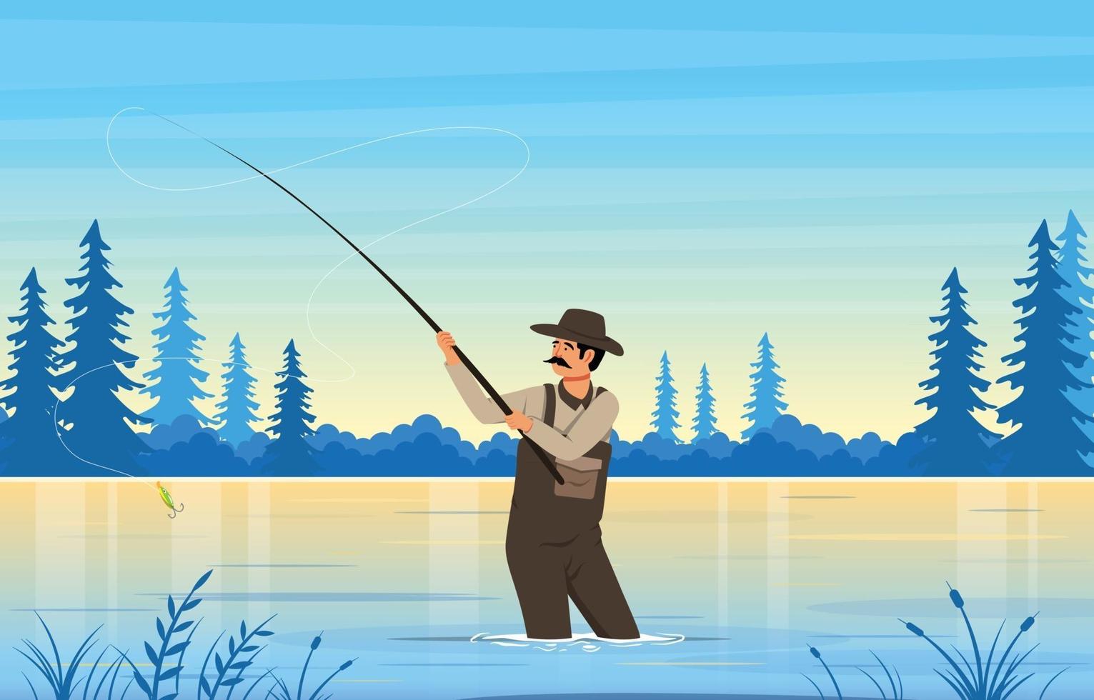 Fishing at Lake On Summer Illustration vector