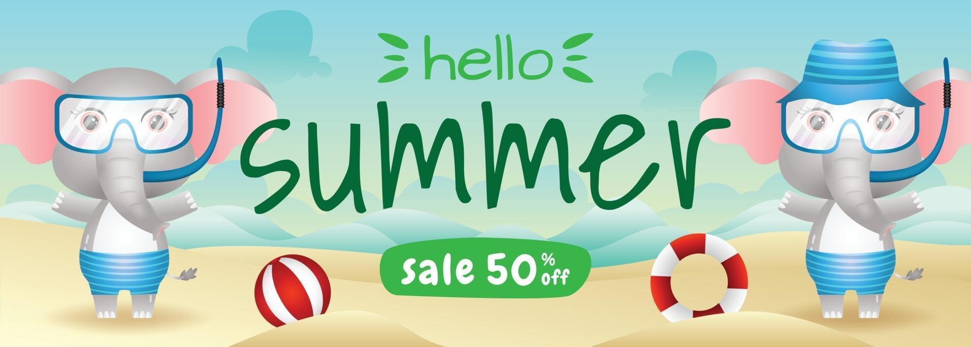 summer sale banner with a cute elephant couple using snorkeling costume in beach vector