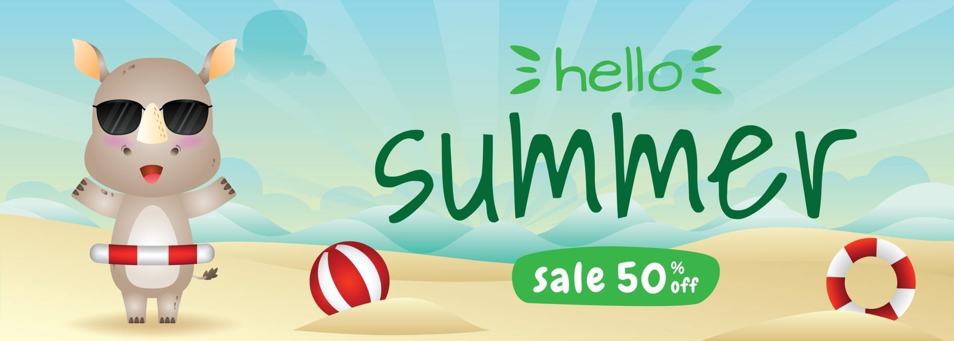 summer sale banner with a cute rhino using lifebuoy ring vector