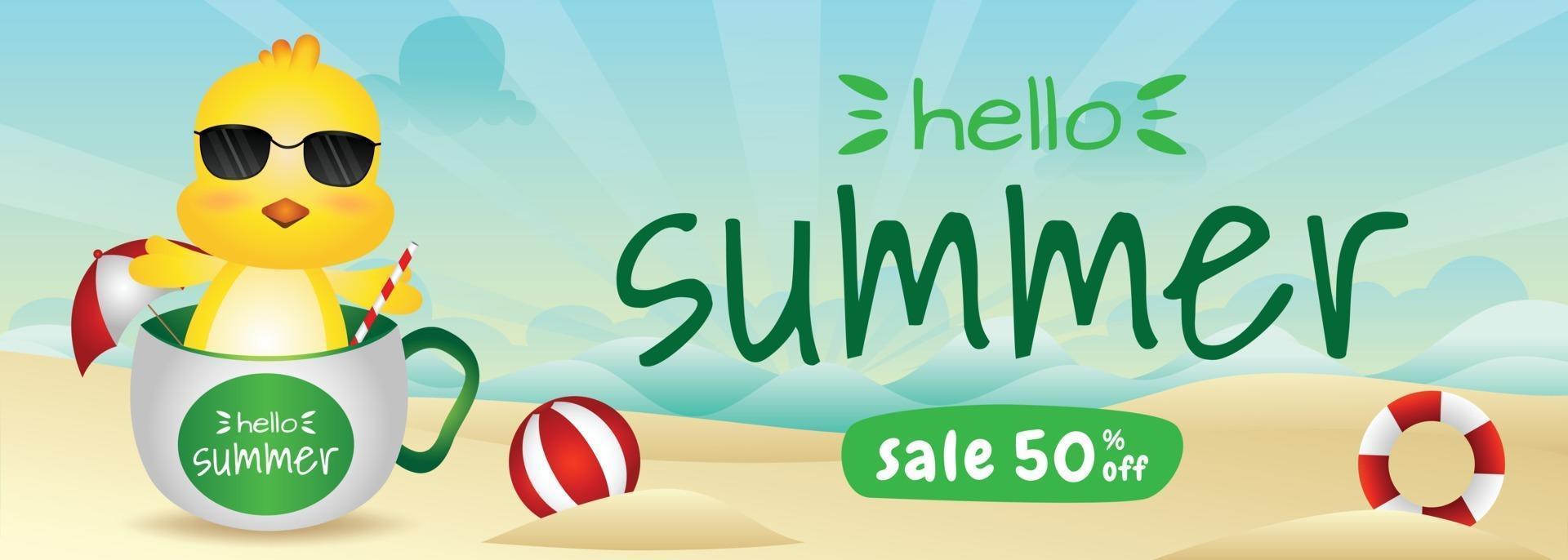 summer sale banner with a cute chick in the cup vector