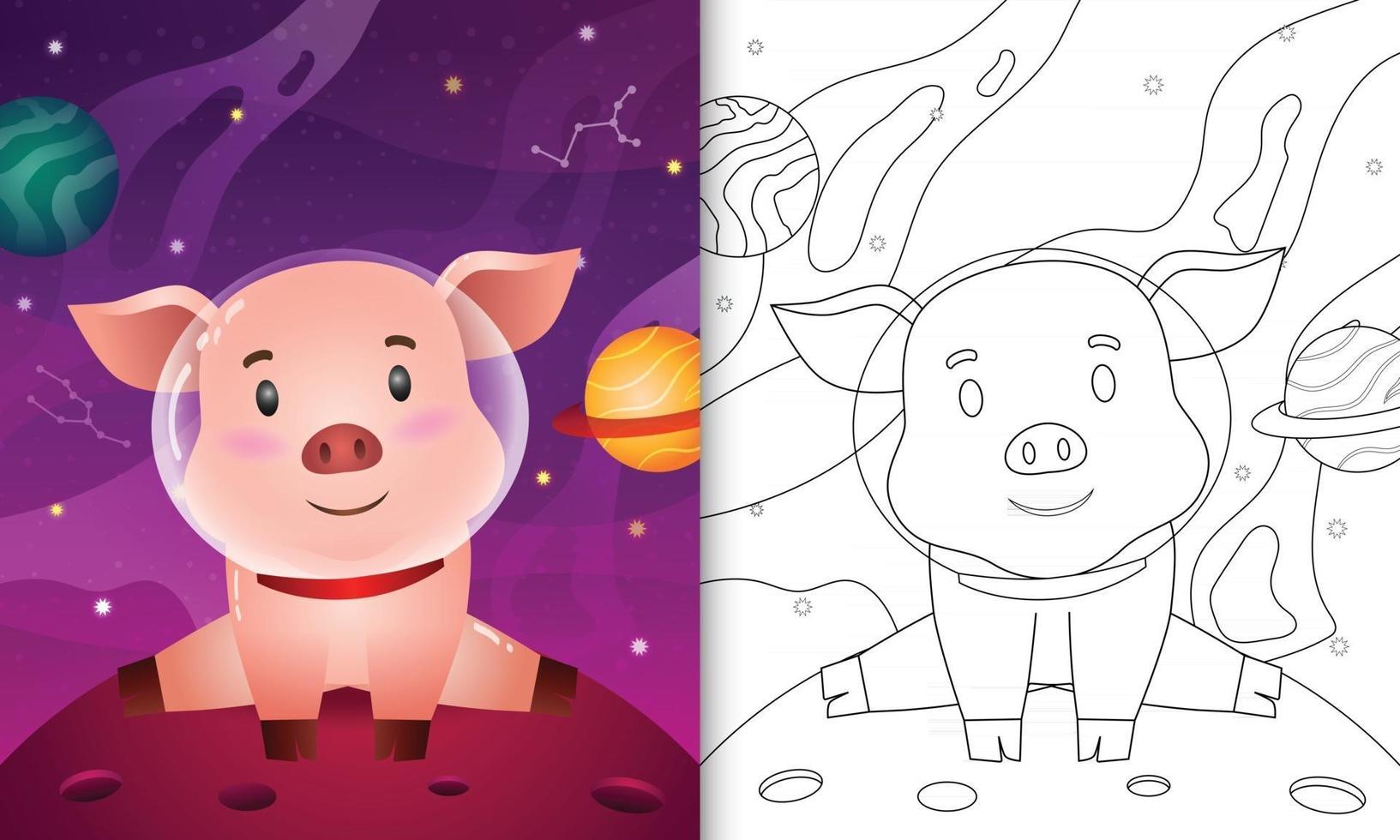 coloring book for kids with a cute pig in the space galaxy vector