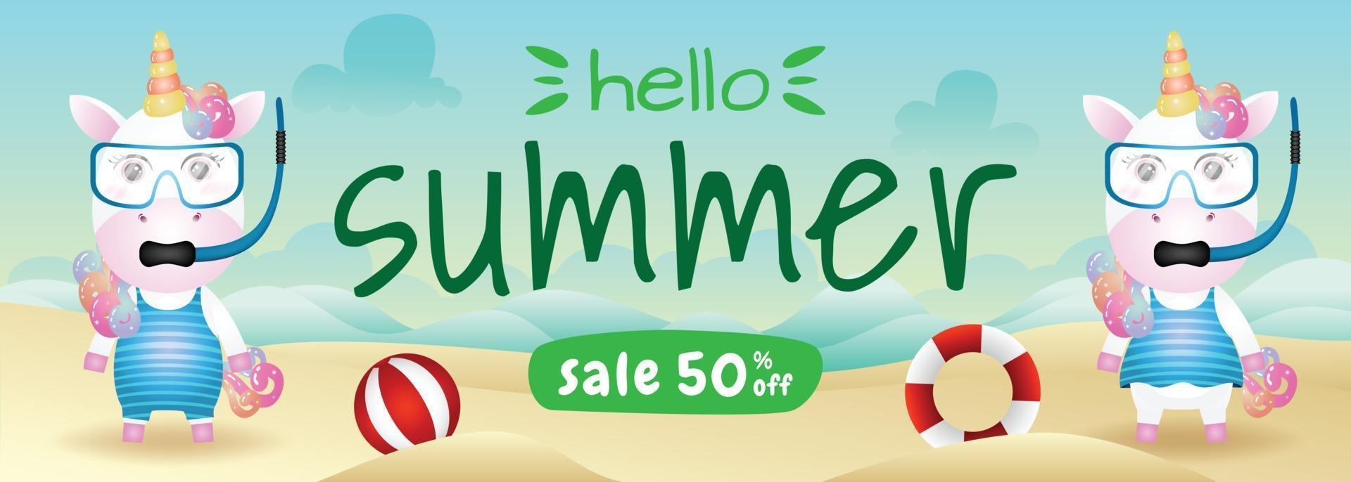 summer sale banner with a cute unicorn couple using snorkeling costume in beach vector