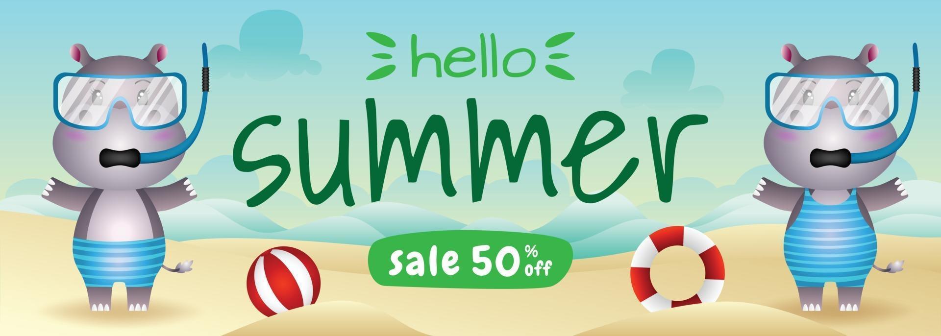 summer sale banner with a cute hippo couple using snorkeling costume in beach vector