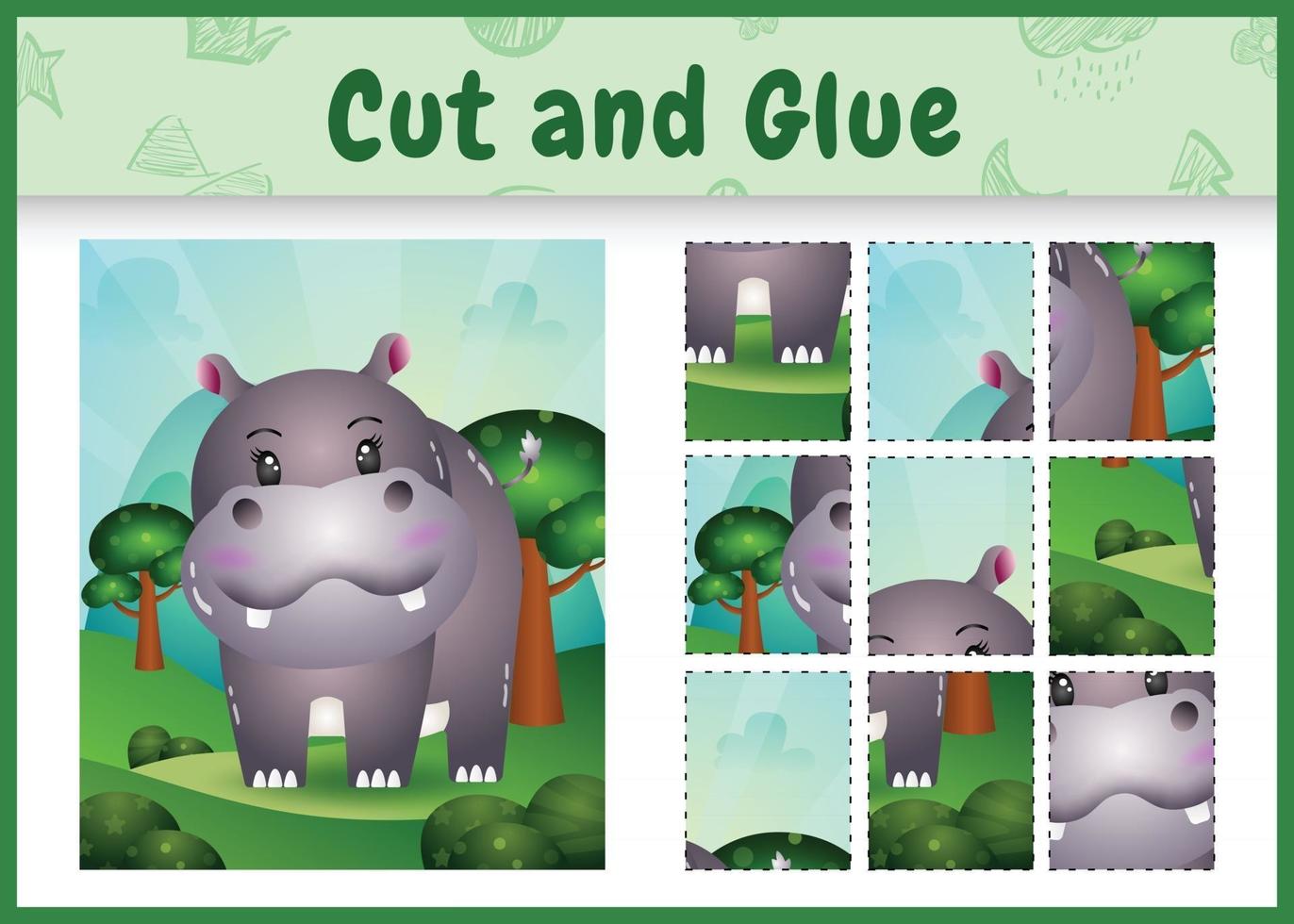 Children board game cut and glue with a cute hippo vector