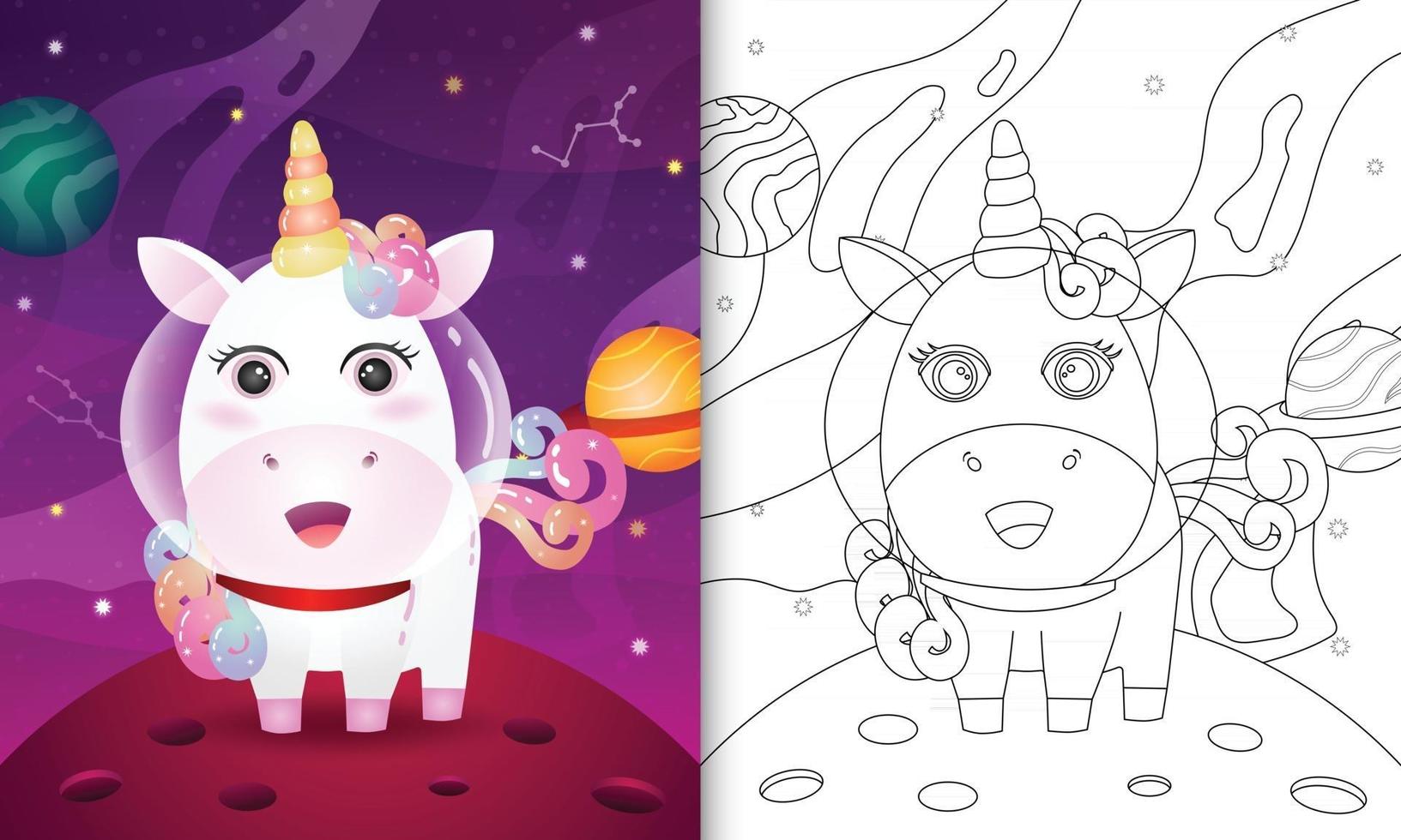 coloring book for kids with a cute unicorn in the space galaxy vector