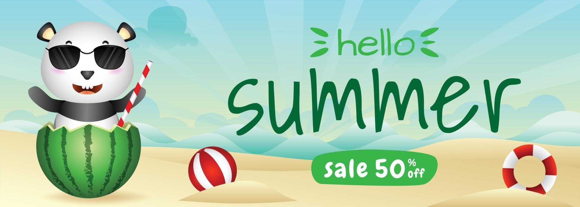 summer sale banner with a cute panda in the watermelon vector