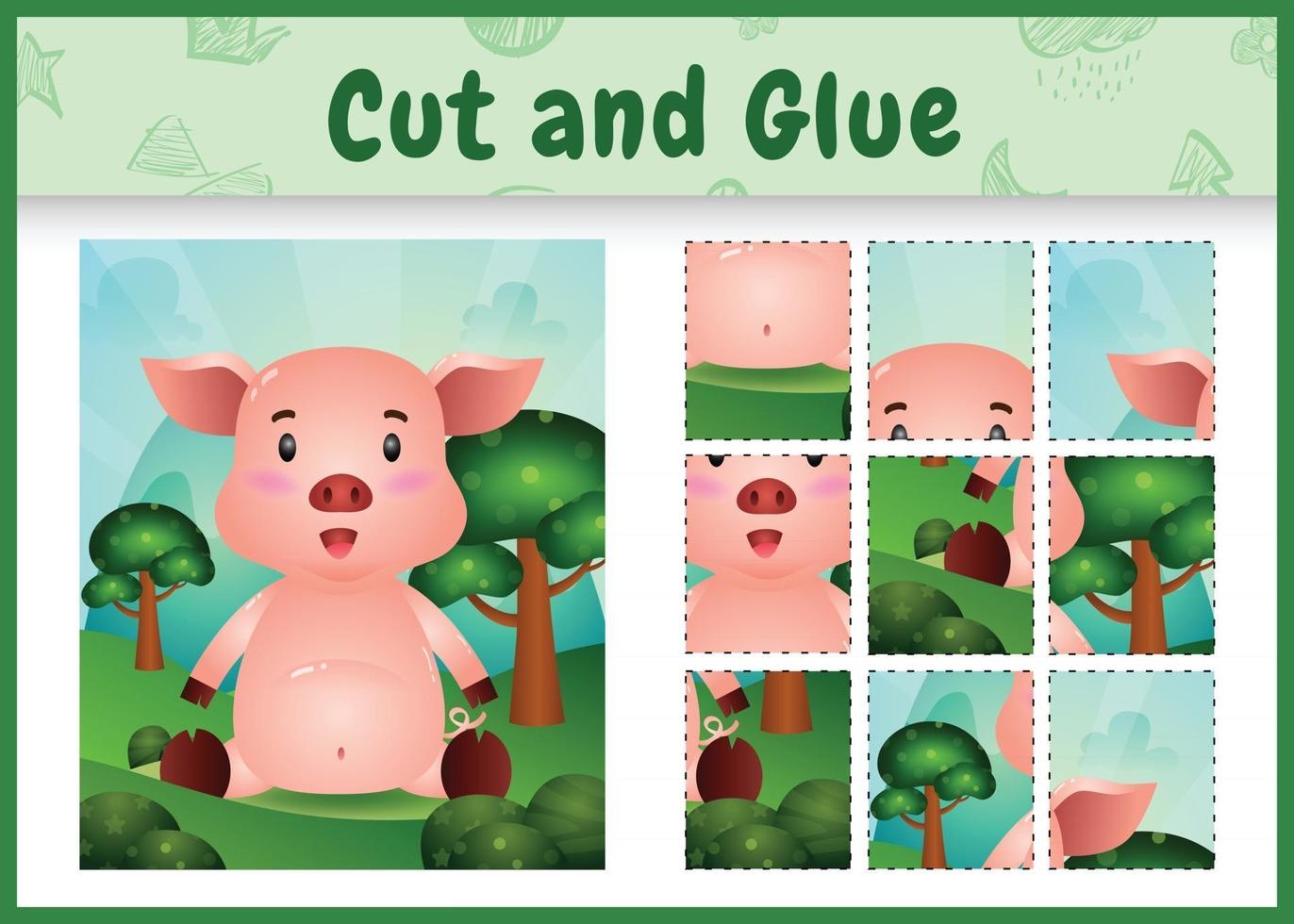 Children board game cut and glue with a cute pig vector