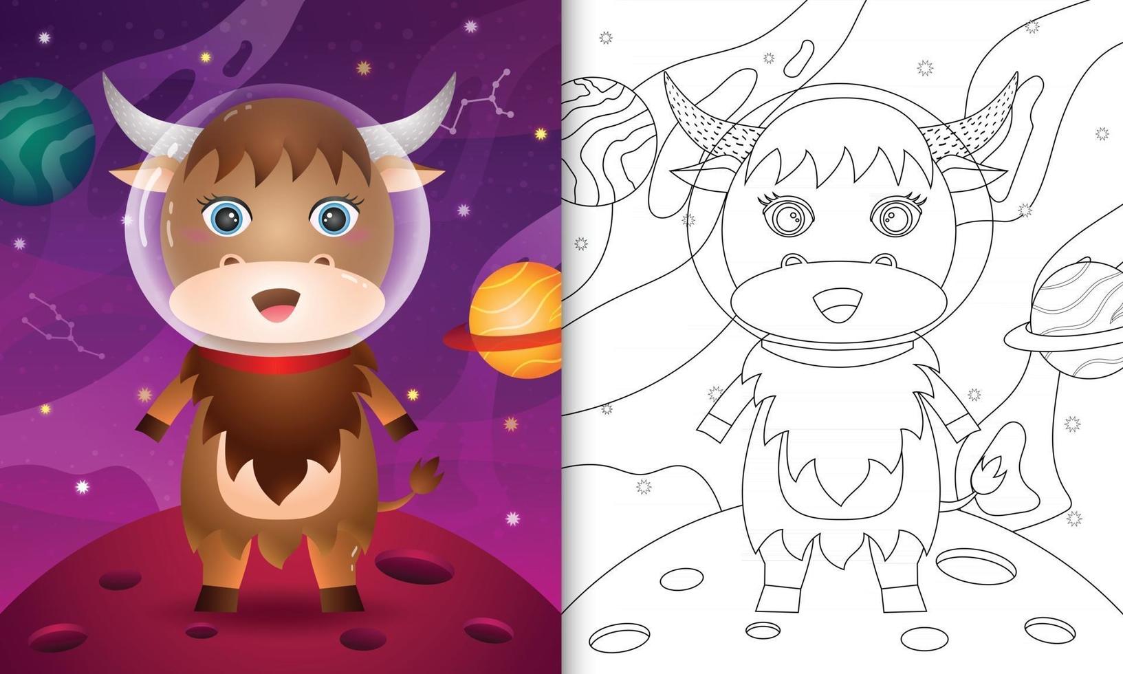 coloring book for kids with a cute buffalo in the space galaxy vector