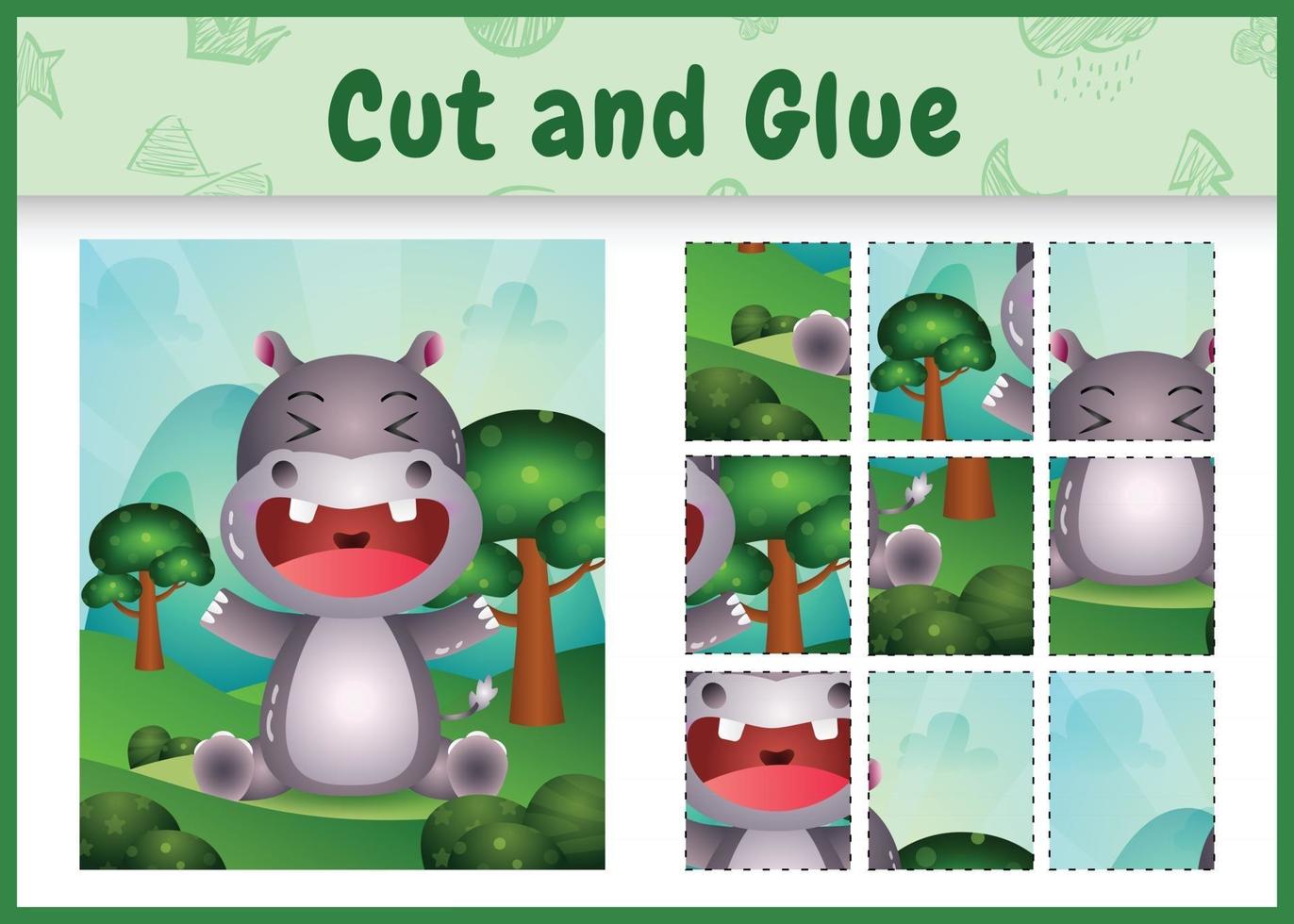 Children board game cut and glue with a cute hippo vector