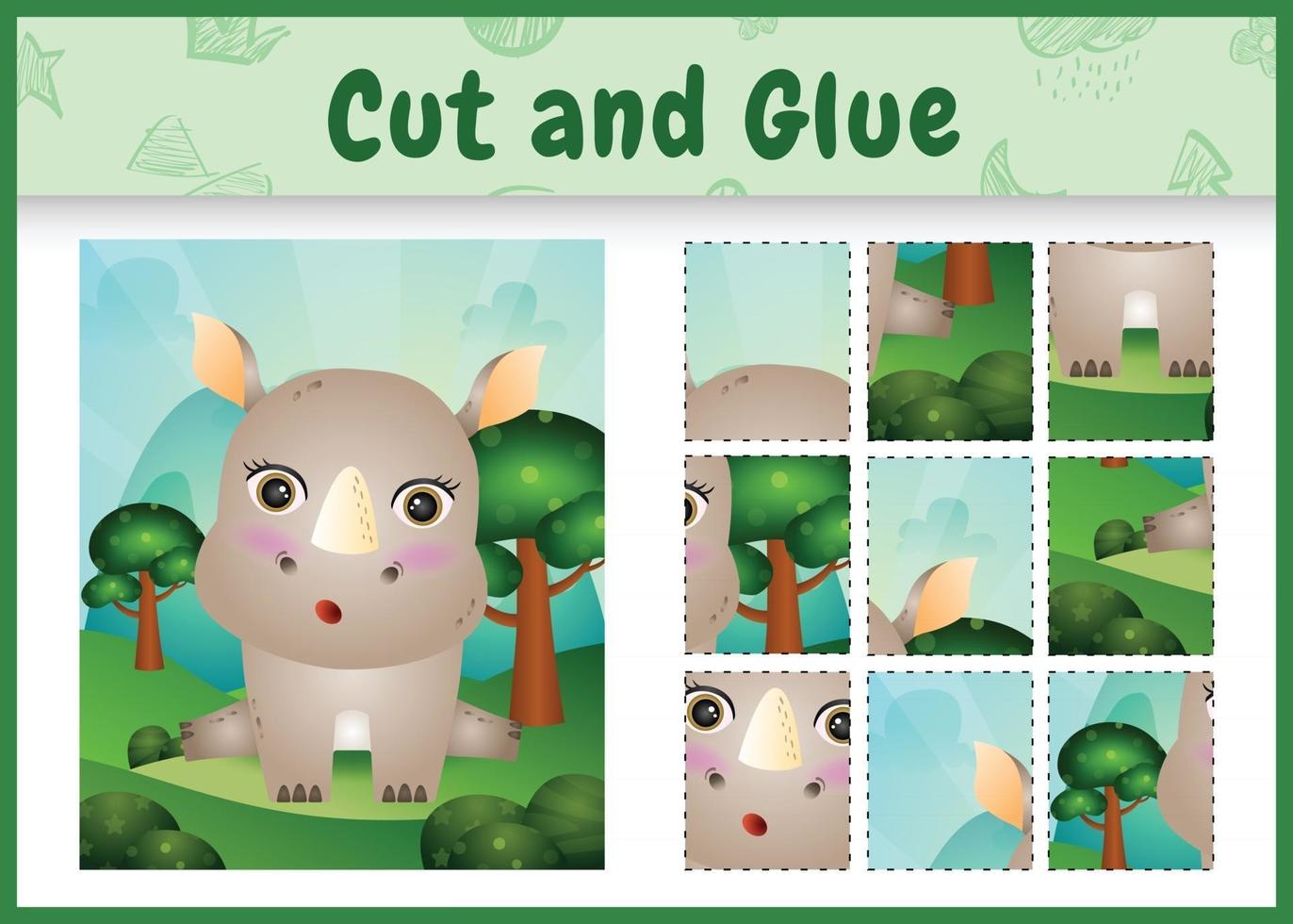 Children board game cut and glue with a cute rhino vector