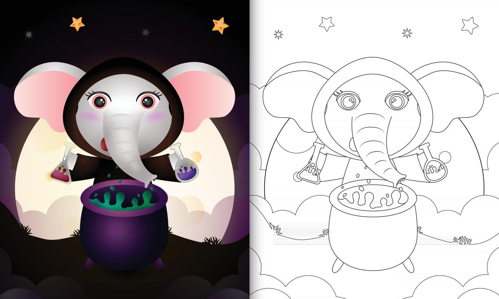 coloring book with a cute elephant using costume witch halloween vector