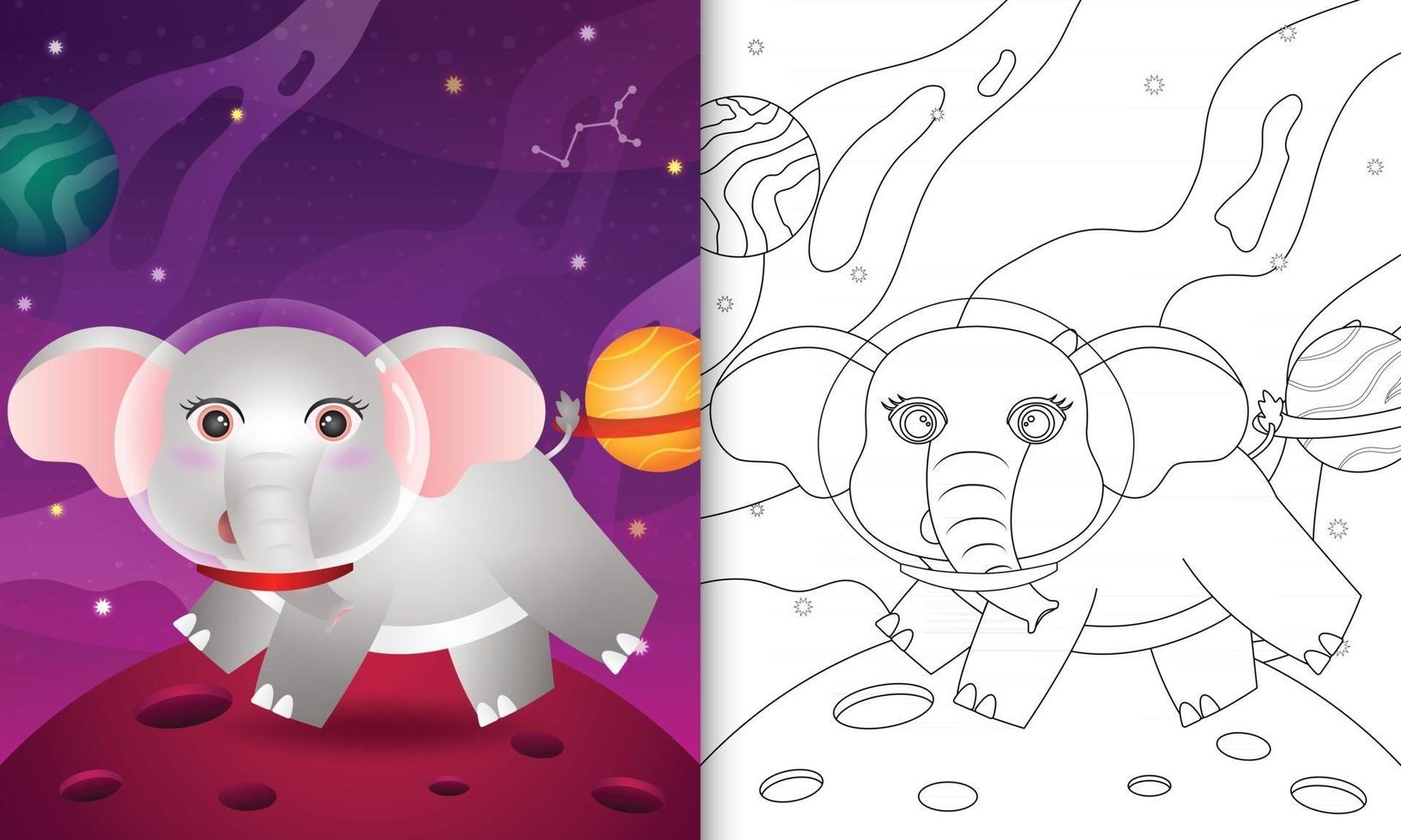 libro para colorear para niños con un lindo elefante en la galaxia espacial vector