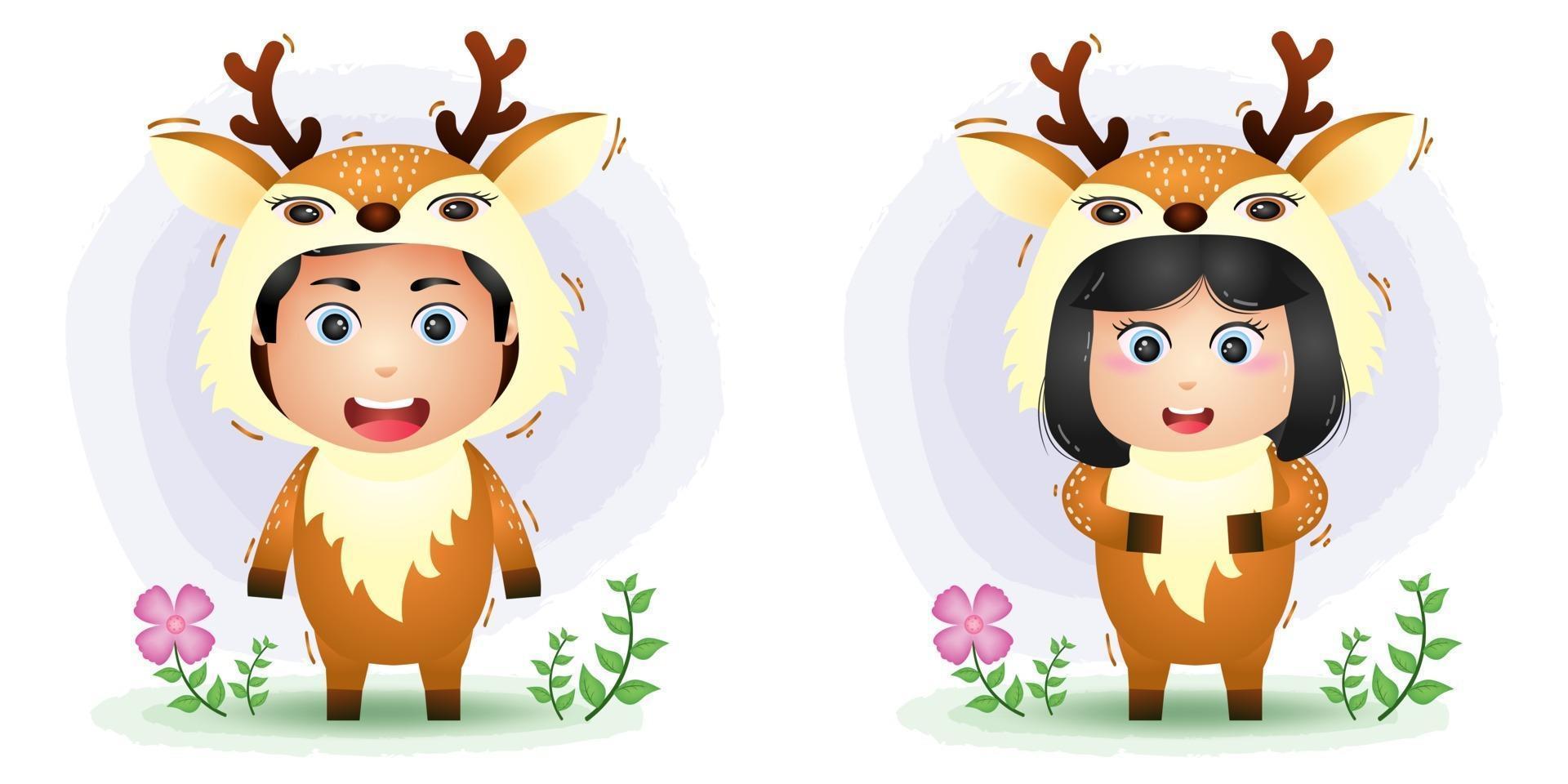 cute couple using the deer costume vector