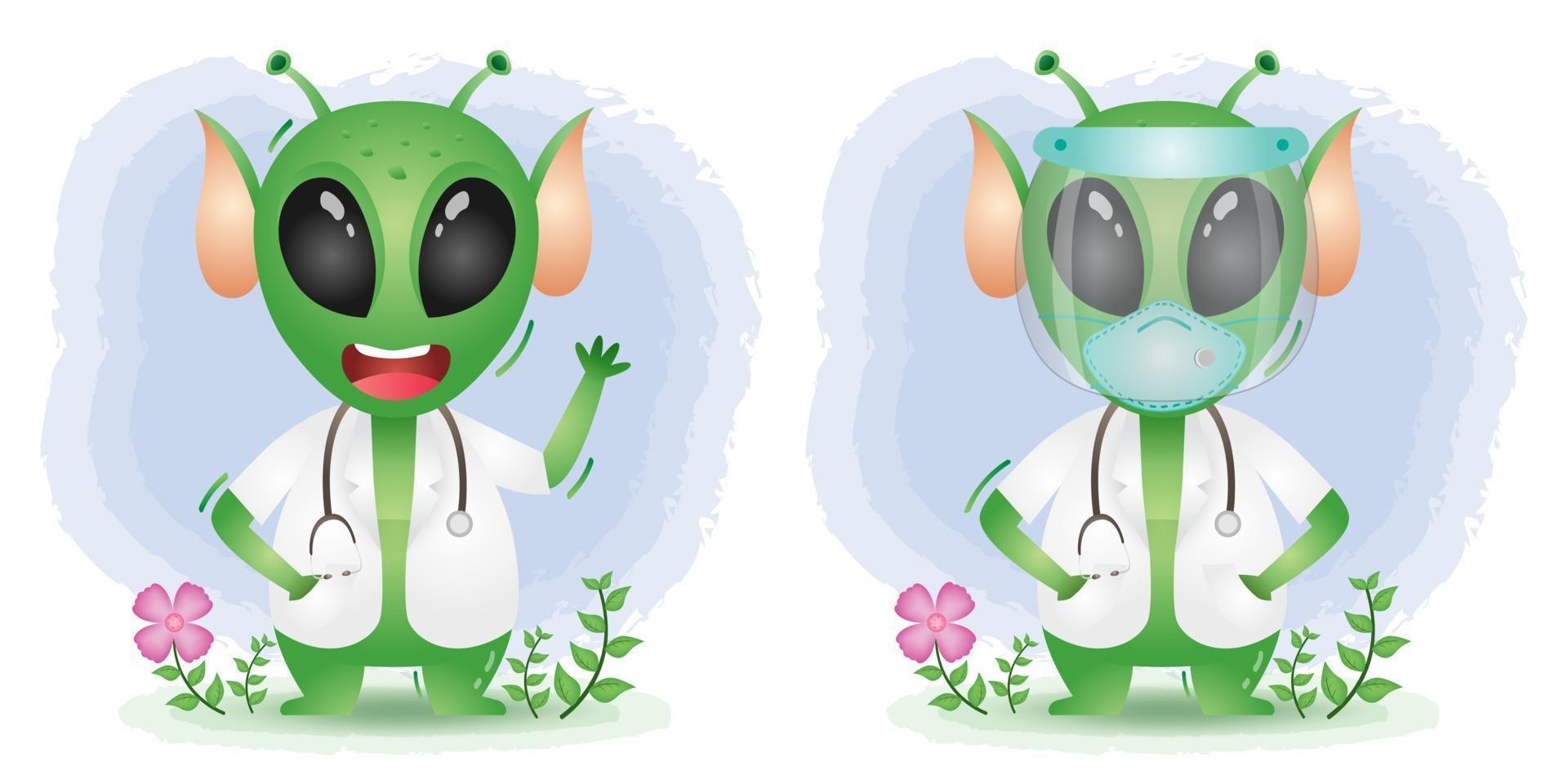 cute alien with costume doctor using face shield and mask vector
