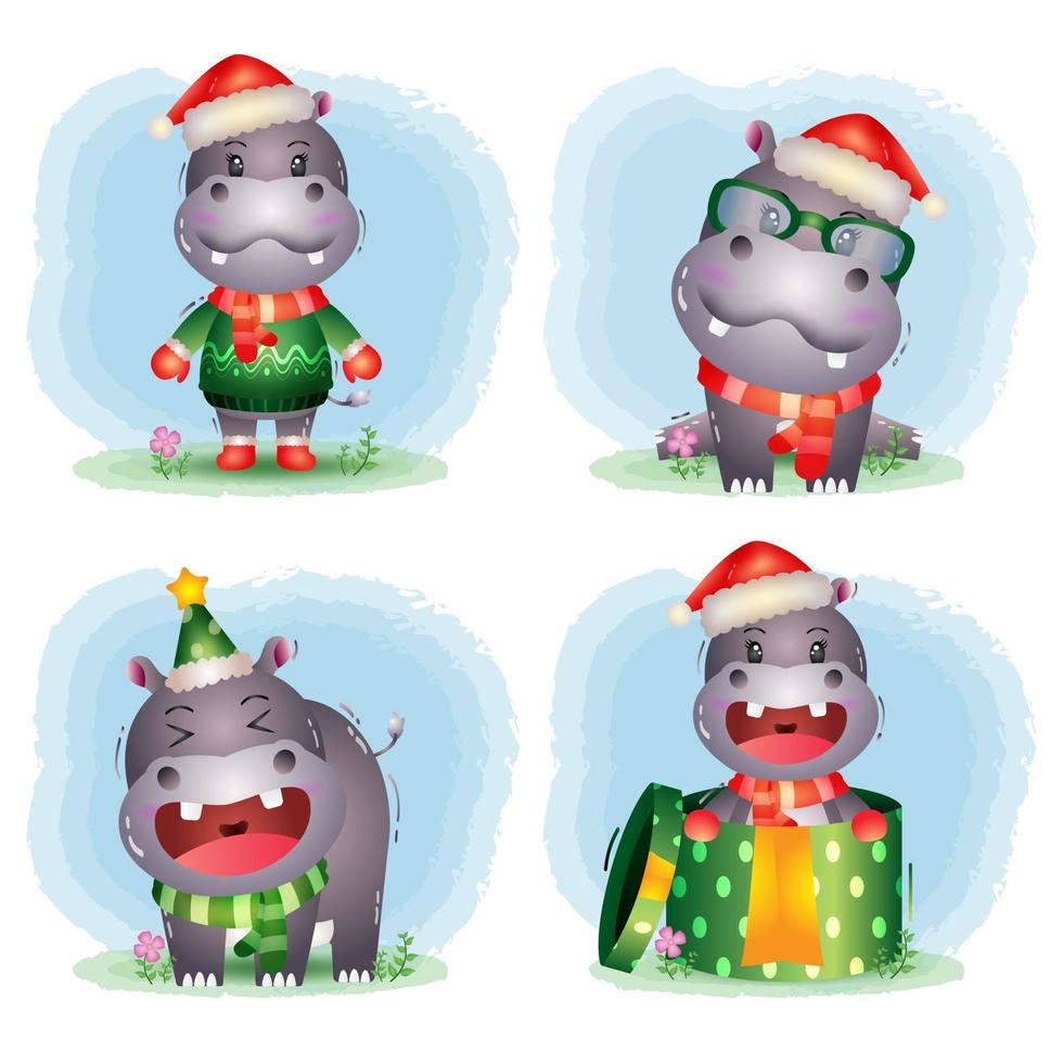 cute hippo christmas characters collection with a hat, jacket, scarf and gift box vector