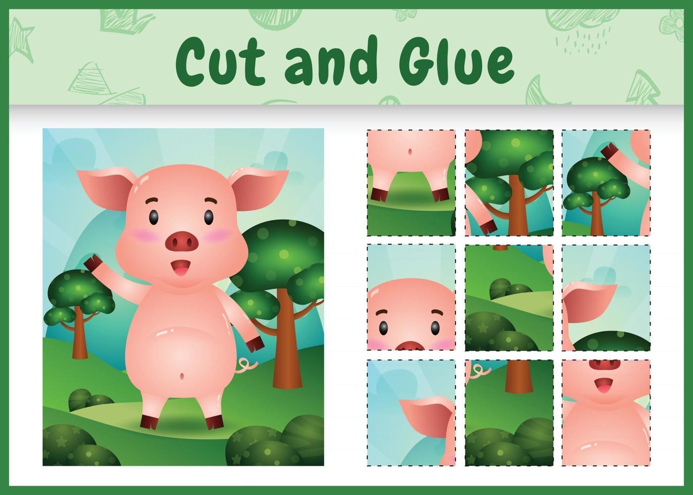 Children board game cut and glue with a cute pig vector