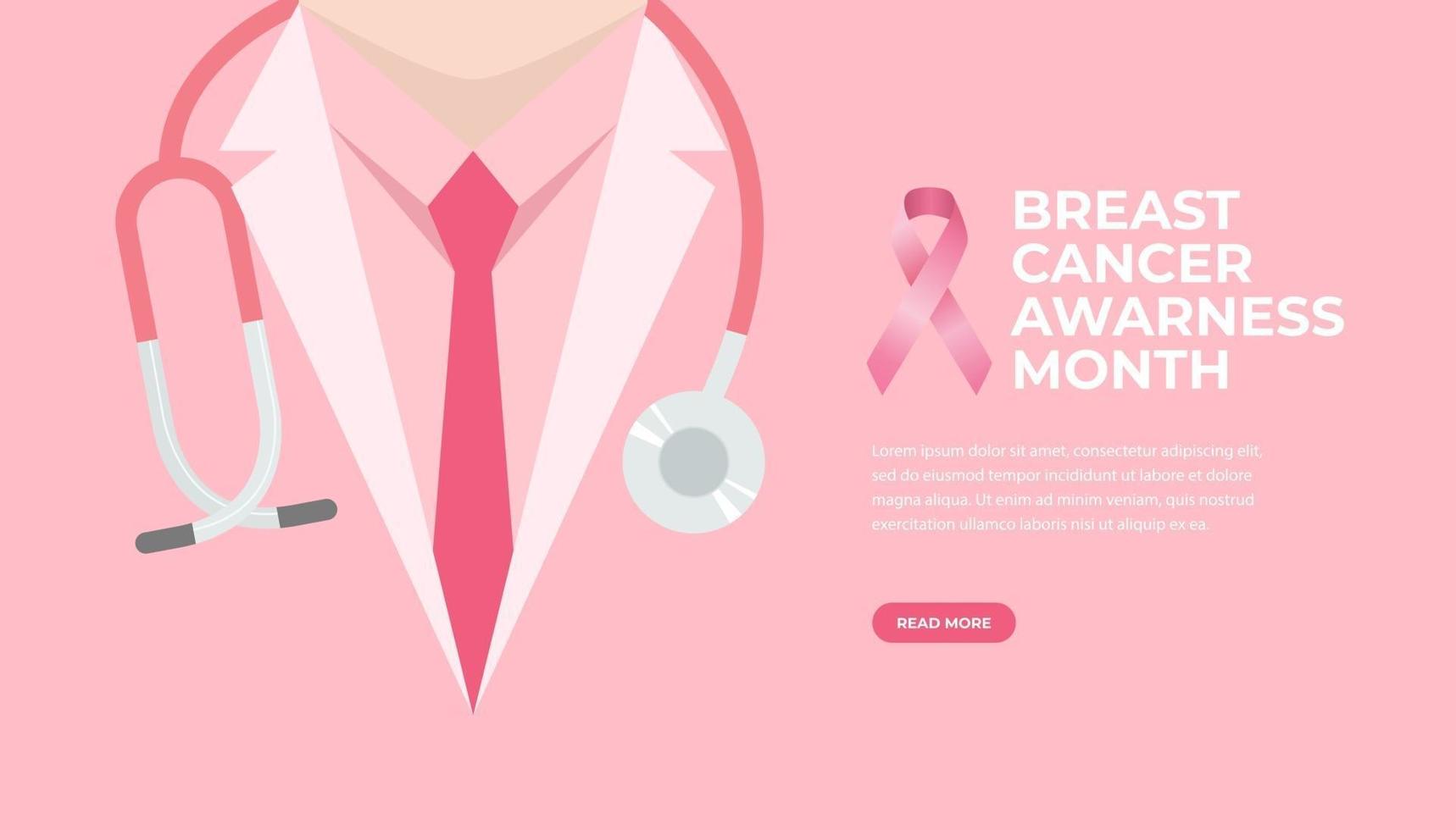 Doctor in lab coat with stethoscope with pink ribbon on pink background. vector