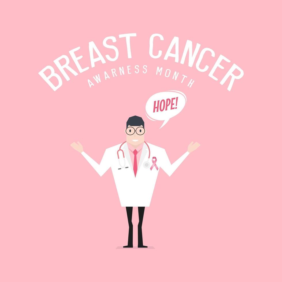 médico con estetoscopio sobre fondo rosa. mes de la conciencia del cáncer de mama. vector