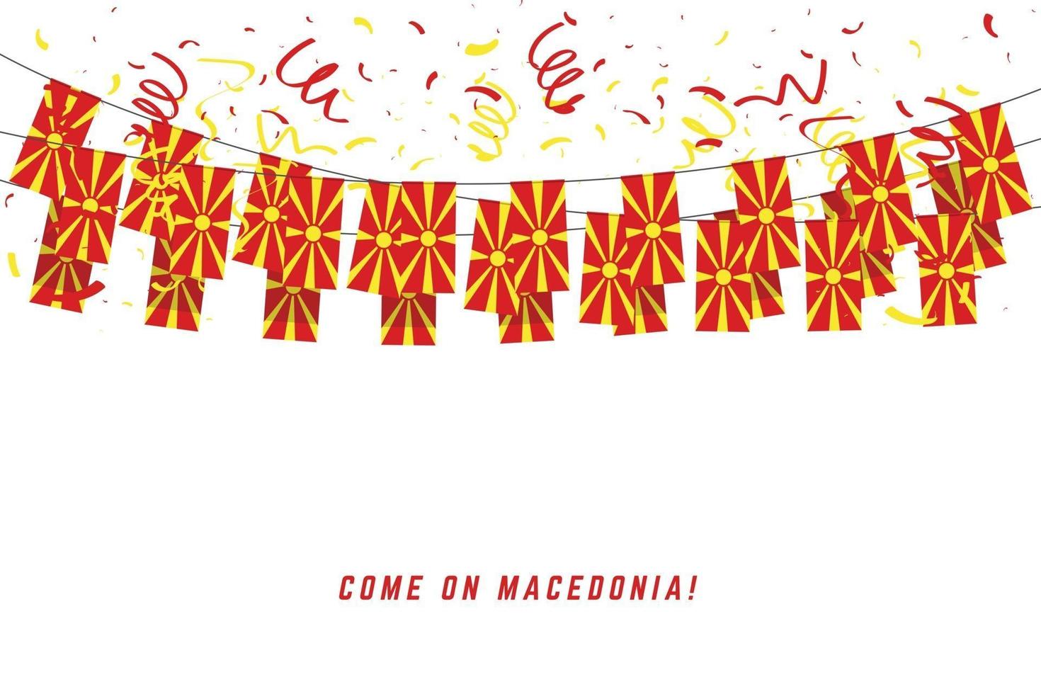 Macedonia flag with confetti on white background, Hang bunting for Macedonia celebration template banner. vector