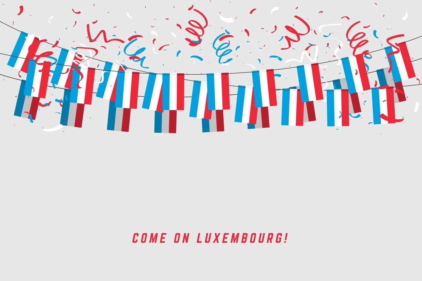 Bandera de la guirnalda de Luxemburgo con confeti sobre fondo blanco, colgar banderines para el banner de plantilla de celebración de Luxemburgo. vector
