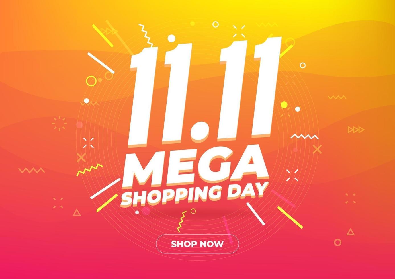 11,11 mega día de compras cartel de venta o diseño de volante. Venta global del día mundial de las compras en colores de fondo. 11.11 ventas locas en línea. vector