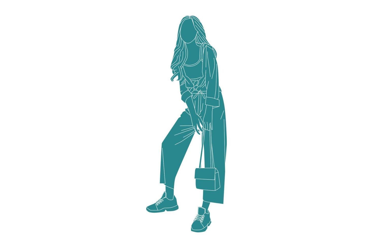Ilustración vectorial de mujer de moda posando con su mini bolso, estilo plano con contorno vector