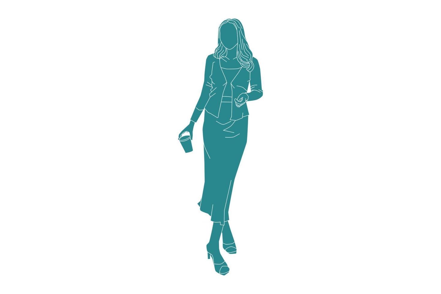 Ilustración vectorial de mujer elegante posando con su bebida, estilo plano con contorno vector