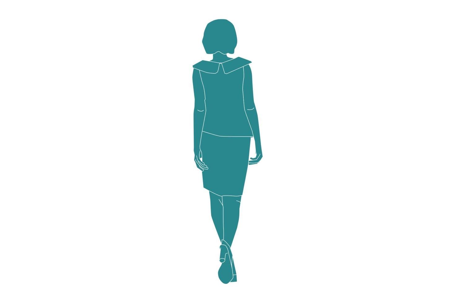 Vector illustration of elegant woman wearing a mini dress looks from behind, Flat style with outline