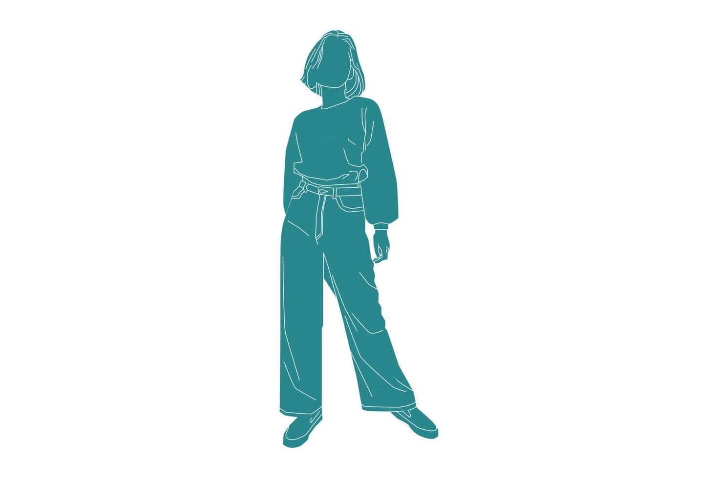 Vector illustration of fashionable woman with sweater, Flat style with outline