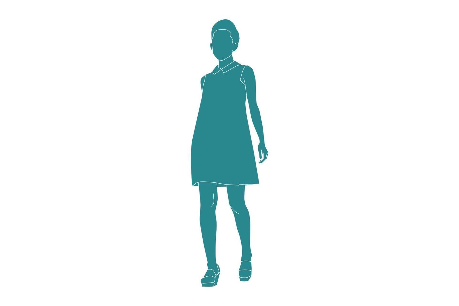 Ilustración vectorial de mujer elegante caminando posando, estilo plano con contorno vector