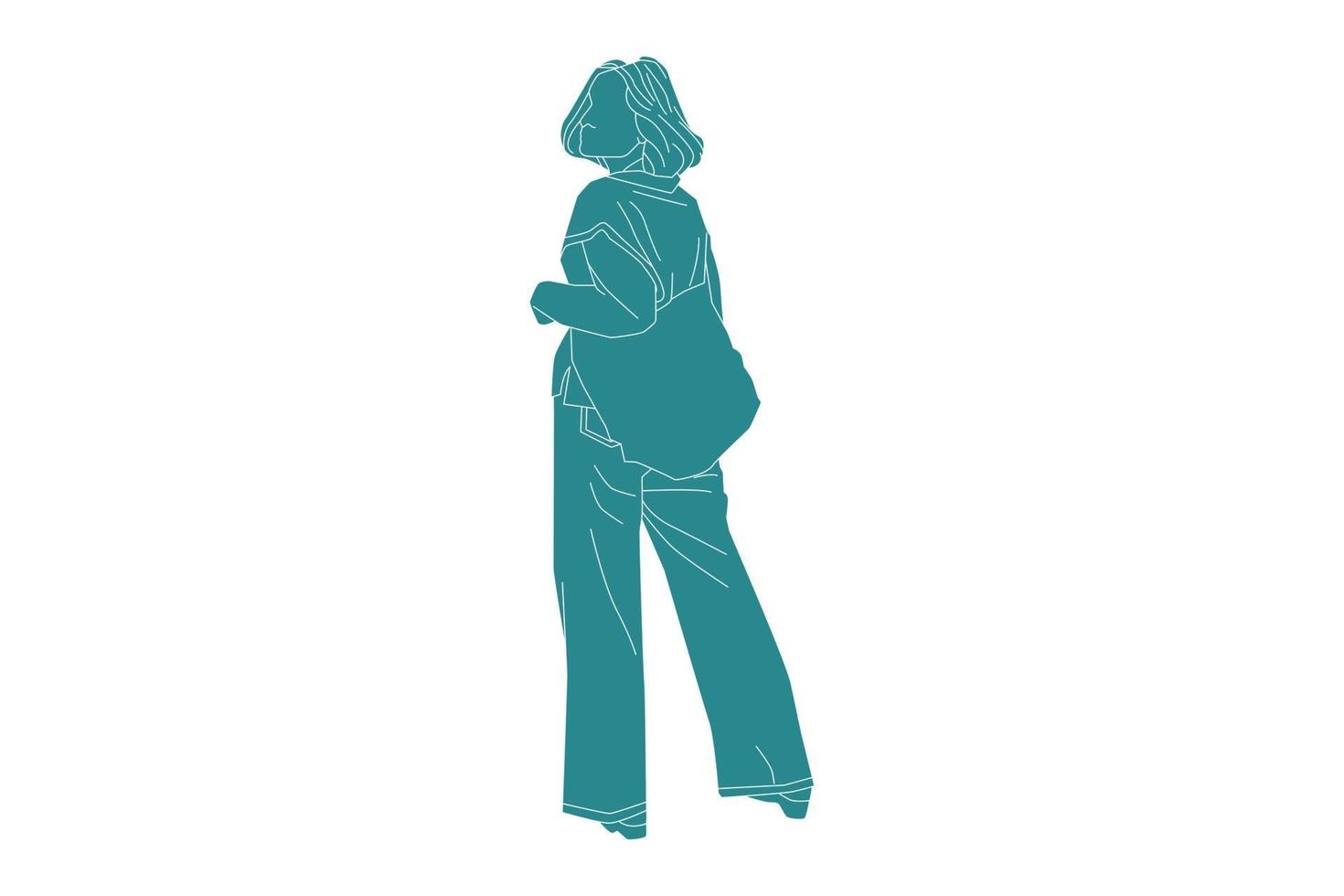 Vector illustration of casual woman seen from behind with her bag, Flat style with outline