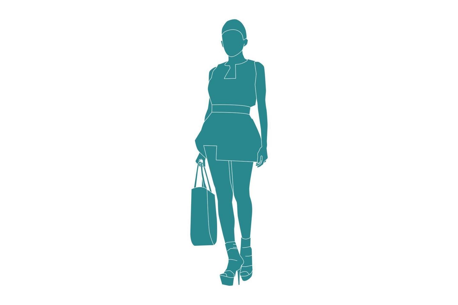 Ilustración vectorial de mujer de moda de pie con su bolso, estilo plano con contorno vector