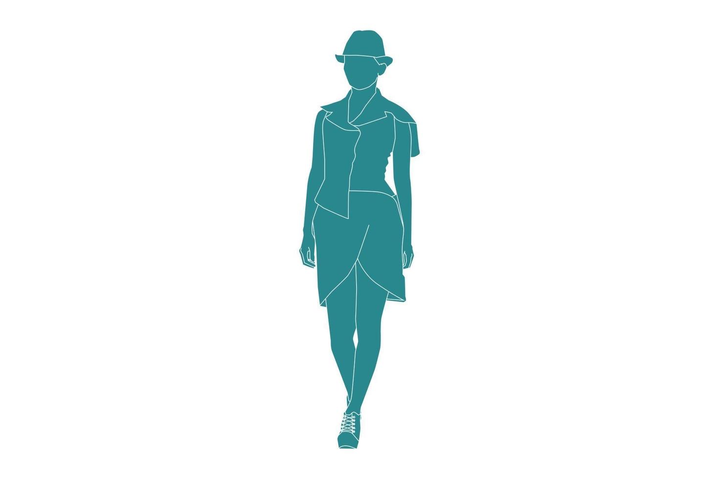 Ilustración vectorial de mujer casual en la calle lateral con sombrero, estilo plano con contorno vector