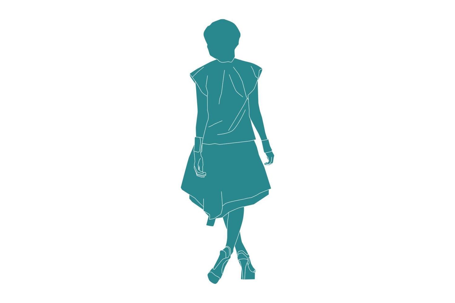 Vector illustration of fashionable woman walking looks from behind, Flat style with outline