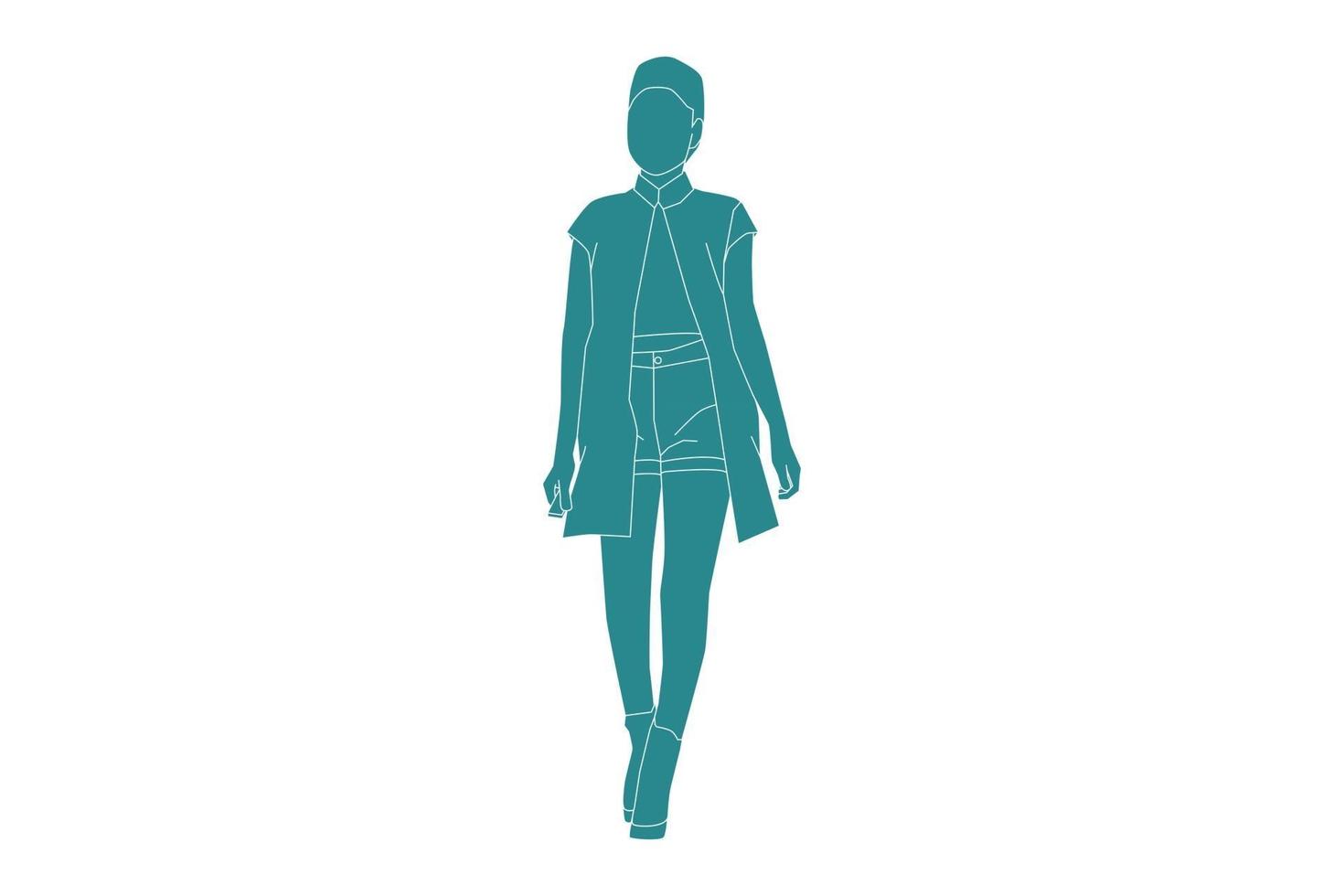 Vector illustration of fashionable woman on the sideroad with skirt, Flat style with outline