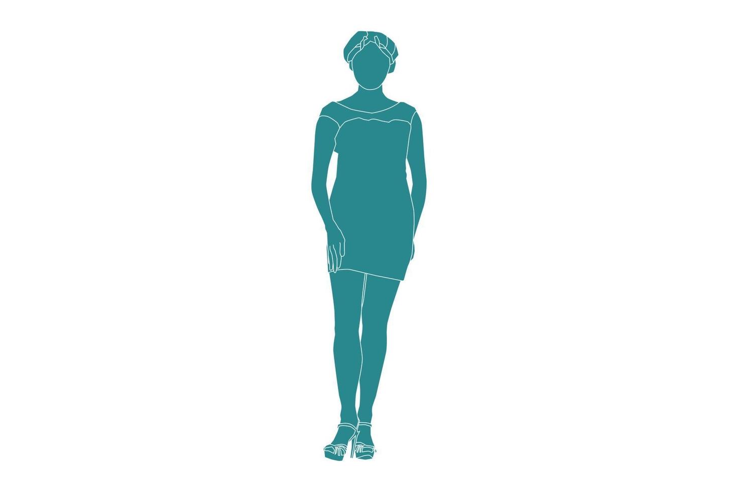 Ilustración vectorial de mujer elegante posando en un mini vestido, estilo plano con contorno vector