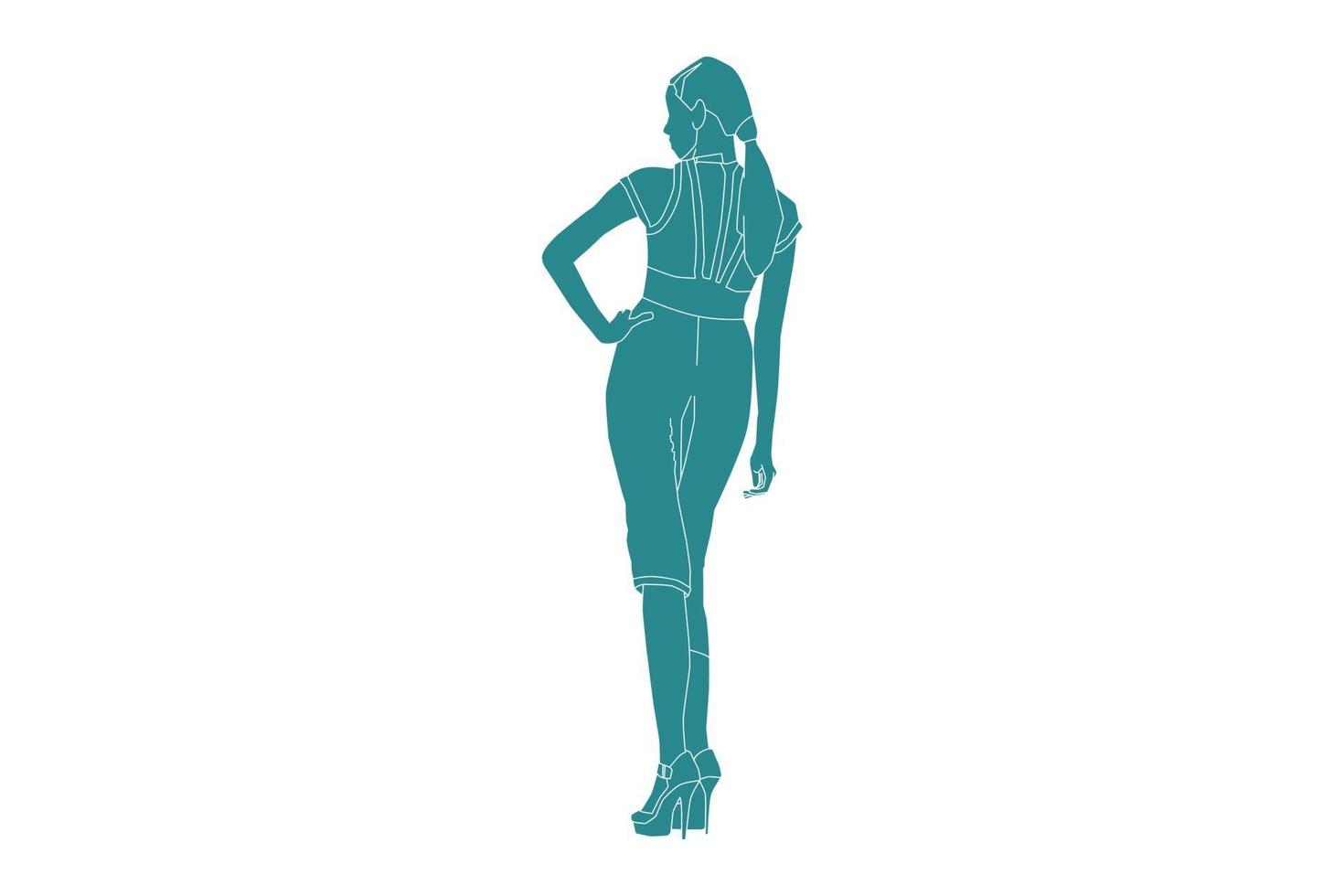 Ilustración vectorial de mujer casual posando mira desde atrás, estilo plano con contorno vector