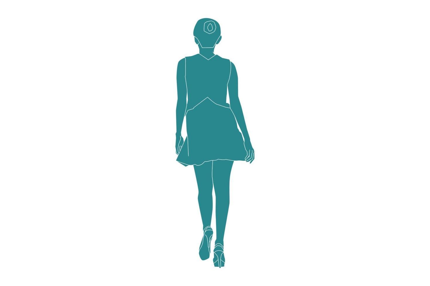 Vector illustration of elegant woman walking on the sideroad looks from behind, Flat style with outline