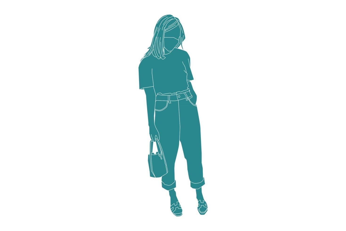 Ilustración vectorial de mujer casual posando con su bolso, estilo plano con contorno vector