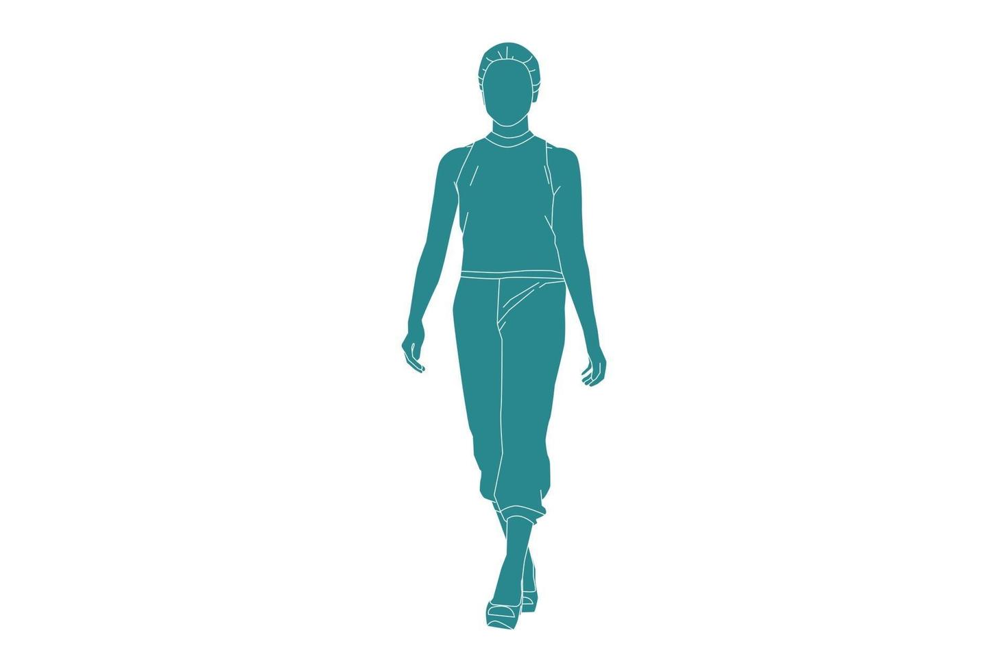 Ilustración vectorial de mujer de moda en la calle lateral con pantalones, estilo plano con contorno vector