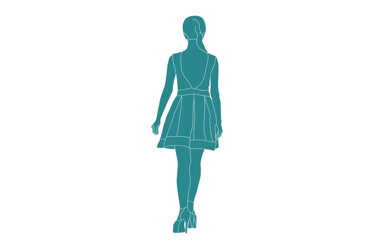 Ilustración vectorial de mujer elegante caminando por la calle lateral con mini vestido, estilo plano con contorno vector