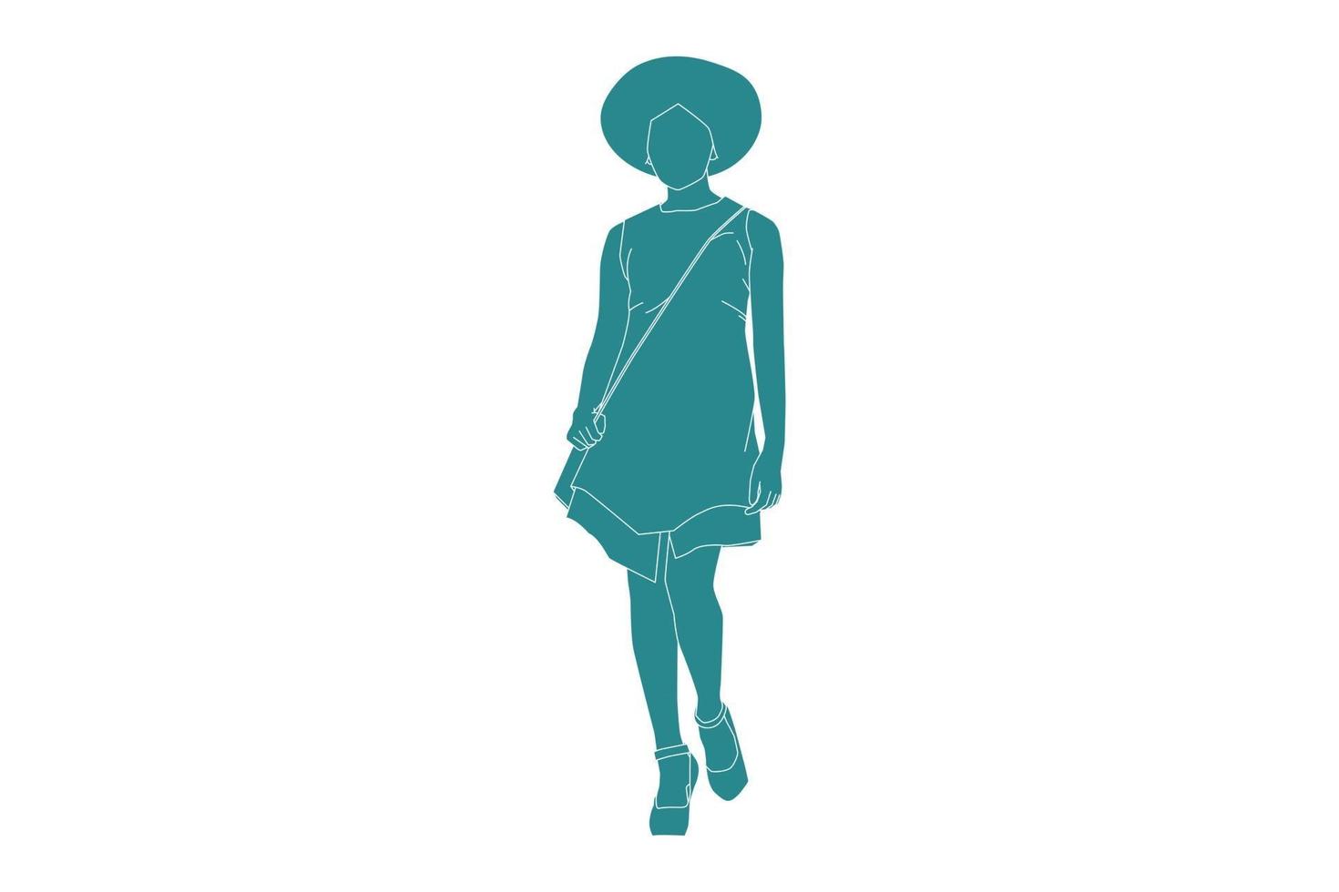 Vector illustration of stylish women with mini bag, Flat style with outline