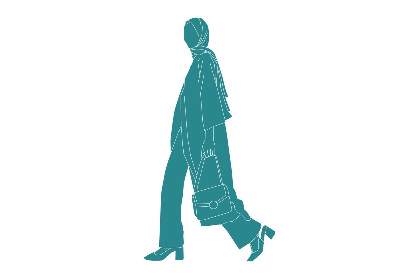 Vector illustration of stylish muslim woman walking, Flat style with outline